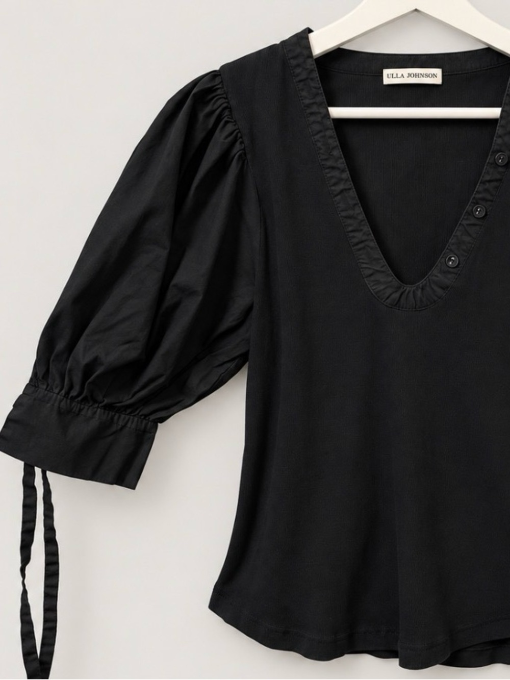 Ulla Johnson Black Ribbed Mixed Media Puff Sleeve Tie Cuff Top XL RN105177